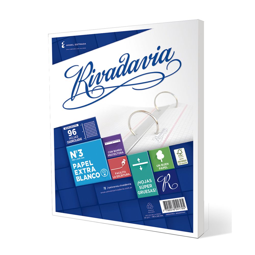 Repuesto Rivadavia Banda Extra Blanco, 96 h. cuadriculadas