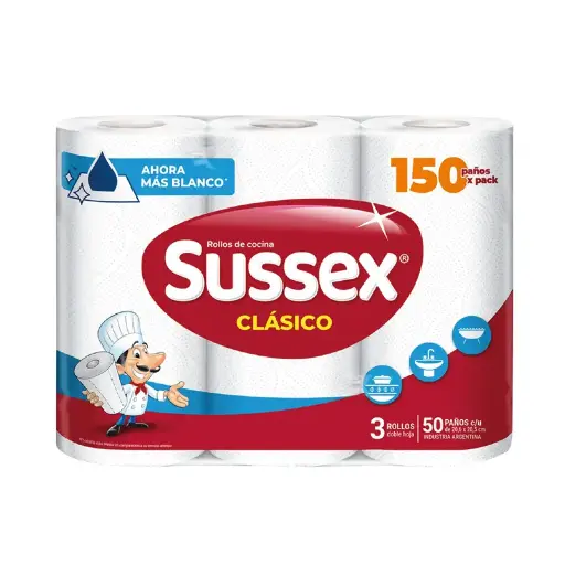 [SUSSEXCOCIX3] Rollo de cocina Sussex Clásico, 3 rollos de 50 paños
